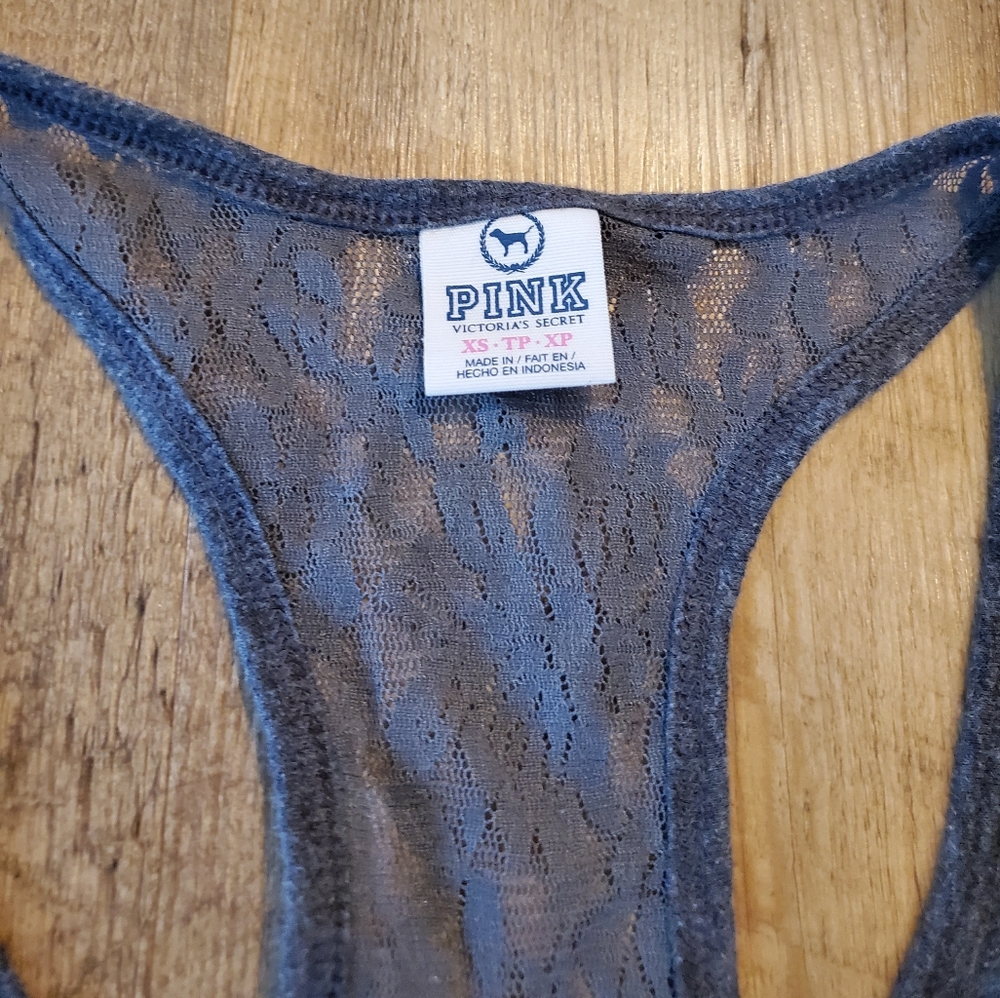 Victoria's Secret PINK Charcoal Gray Graphic Lace Racerback Tank Top | XS - Picture 6 of 7
